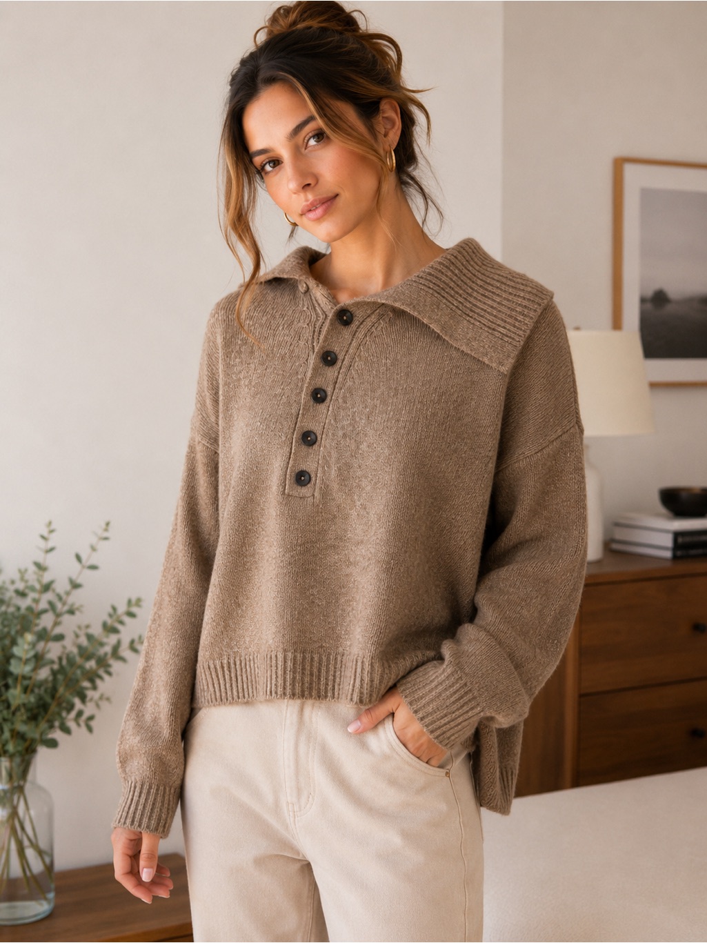 Primark Taupe Oversized Collared Knit Sweater | Cozy Button Detail Pullover Xs